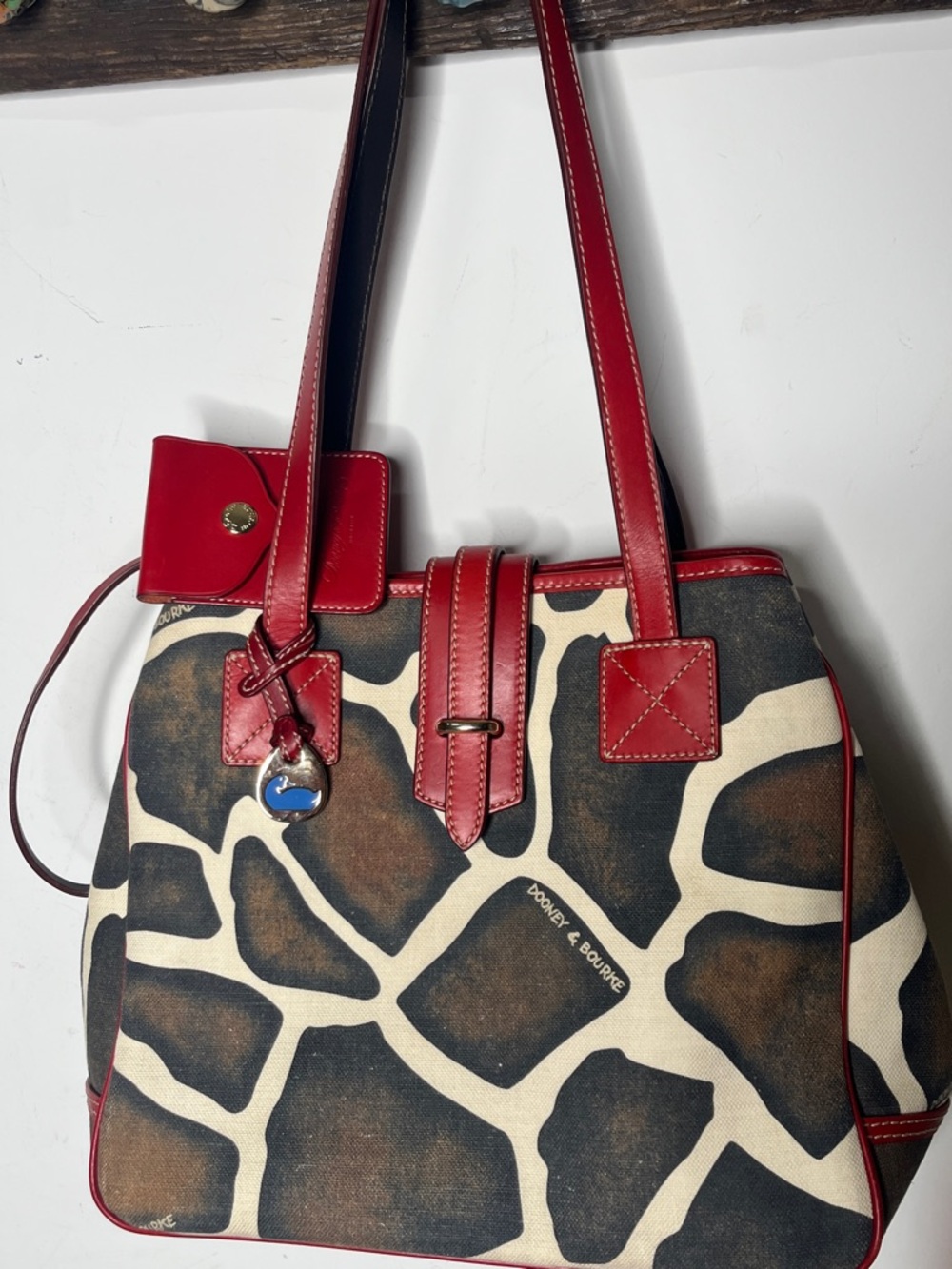 DOONEY & BOURKE Giraffe Print Key Case Vachetta Leather Serengeti Brown/ Red